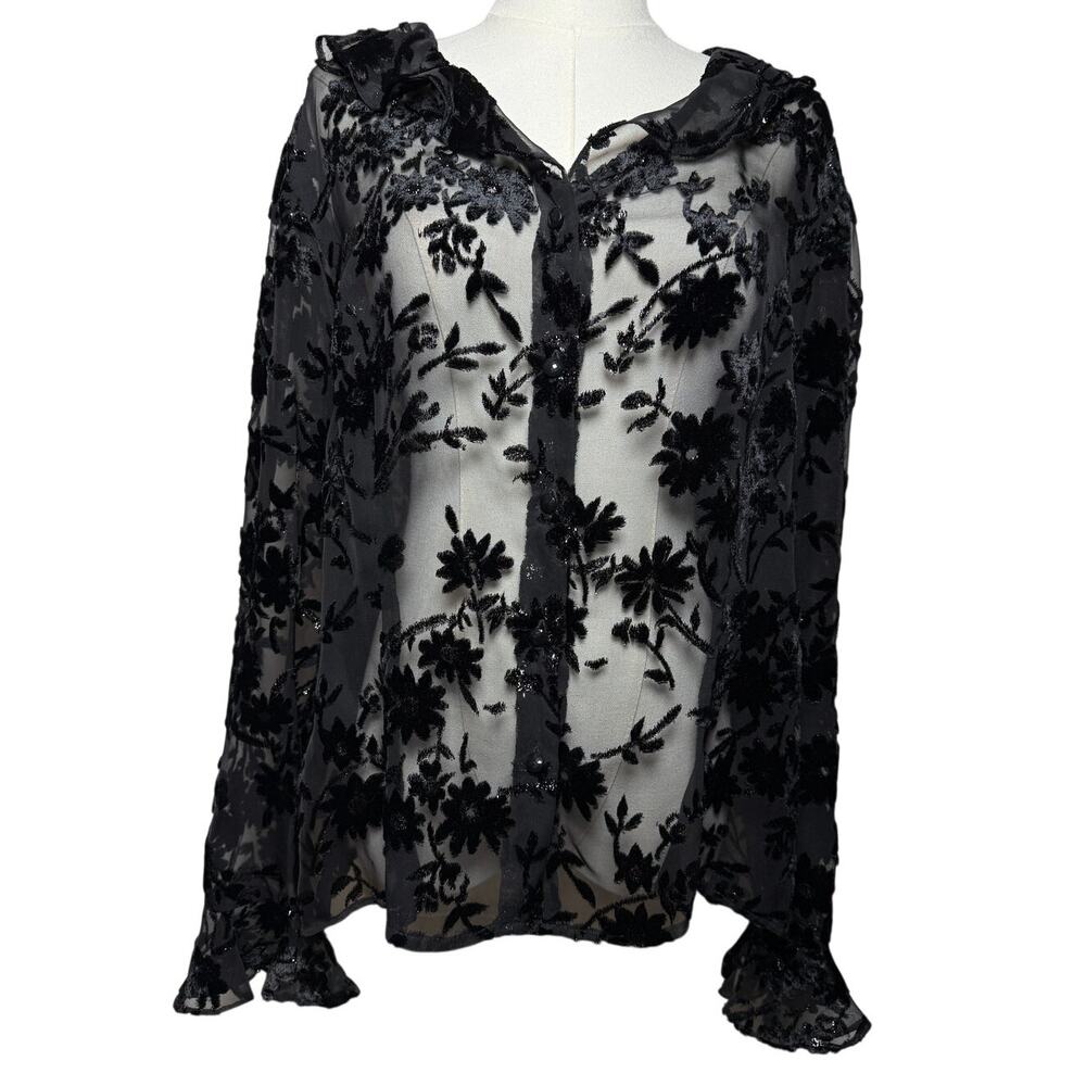 Virgo Blouse sz 16 Black Floral Sheer Velvet Burnout Button Ruffle Whimsigoth
